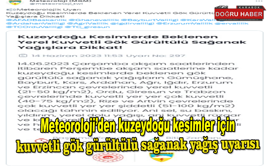 Meteoroloji’den kuzeydoğu kesimler için kuvvetli gök gürültülü sağanak yağış uyarısı